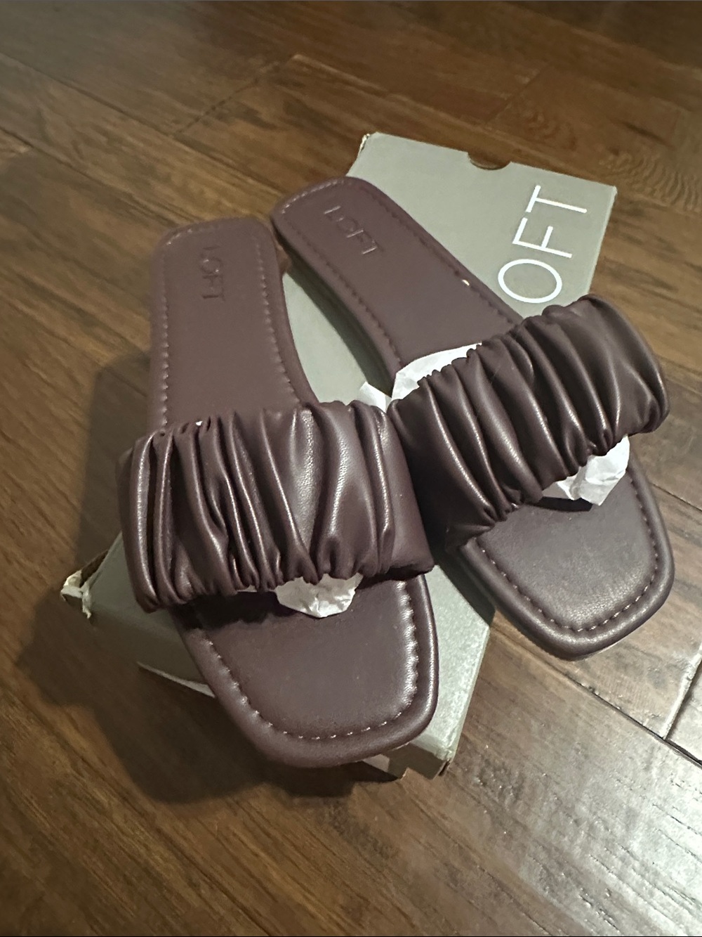 LOFT Ruched Strap Slide Sandals in Plum Brown